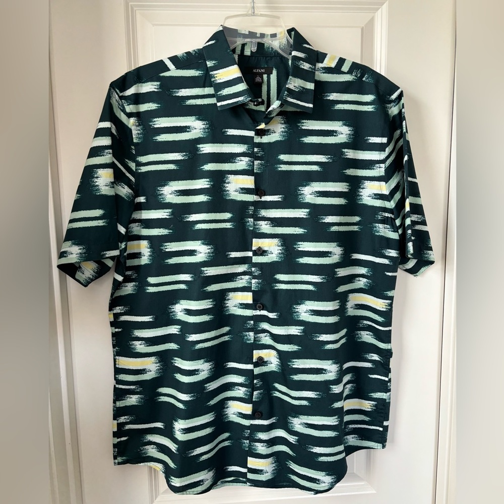 Alfani Button Down Short Sleeve Shirt, Green, Mint & Yellow, Size L